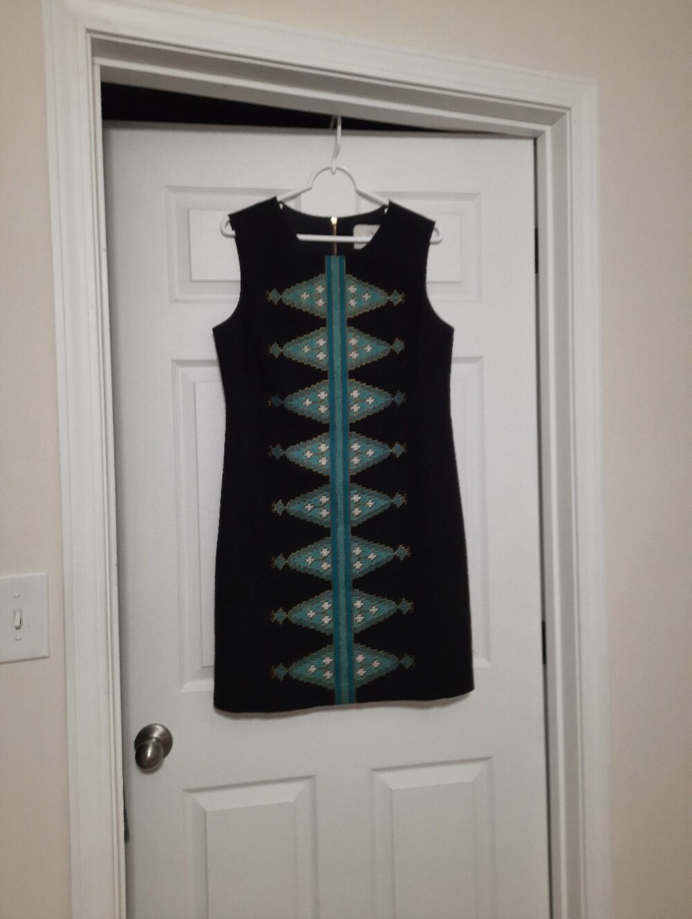 Sleeveless Black Dress with Teal Geometric Embroidery Size 10